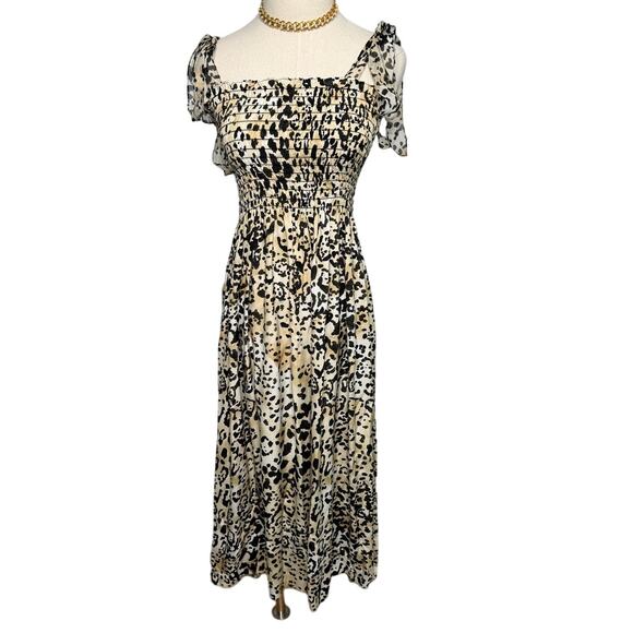 La Ligne 100% silk tie strap leopard print smocked midi dress size large L - Picture 1 of 5